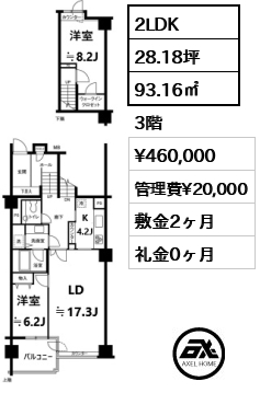 2LDK 93.16㎡  賃料¥460,000 管理費¥20,000 敷金2ヶ月 礼金0ヶ月