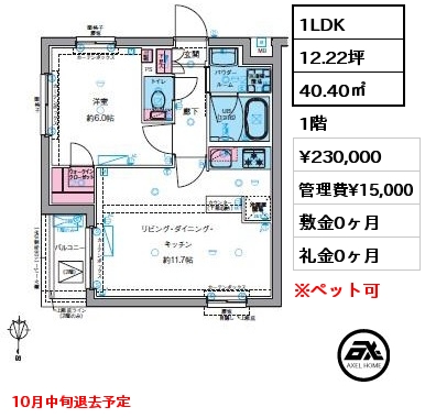 1LDK 40.40㎡ 1階 賃料¥230,000 管理費¥15,000 敷金0ヶ月 礼金0ヶ月 10月中旬退去予定