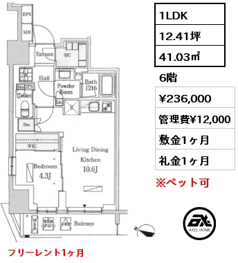 1LDK 41.03㎡ 6階 賃料¥236,000 管理費¥12,000 敷金1ヶ月 礼金1ヶ月 フリーレント1ヶ月　