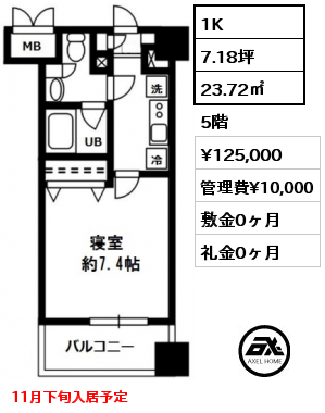 1K 23.72㎡ 5階 賃料¥125,000 管理費¥10,000 敷金0ヶ月 礼金0ヶ月 11月下旬入居予定