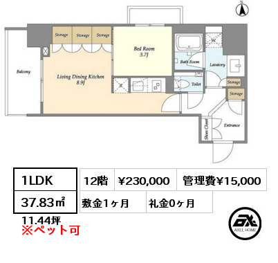 1LDK 37.83㎡ 12階 賃料¥230,000 管理費¥15,000 敷金1ヶ月 礼金0ヶ月