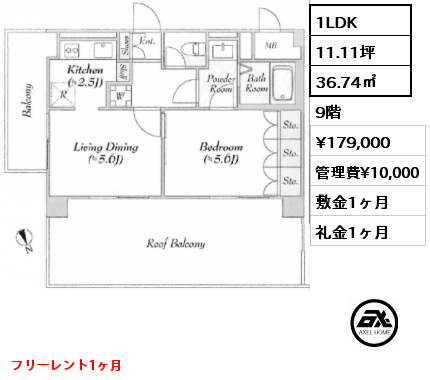 1LDK 36.74㎡ 9階 賃料¥179,000 管理費¥10,000 敷金1ヶ月 礼金1ヶ月 フリーレント1ヶ月　