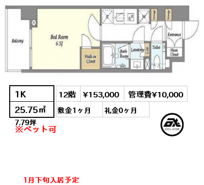 1K 25.75㎡ 12階 賃料¥153,000 管理費¥10,000 敷金1ヶ月 礼金0ヶ月 1月下旬入居予定