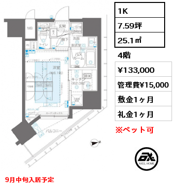 1K 25.1㎡ 4階 賃料¥133,000 管理費¥15,000 敷金1ヶ月 礼金1ヶ月