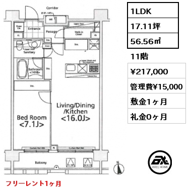 1LDK 56.56㎡ 11階 賃料¥217,000 管理費¥15,000 敷金1ヶ月 礼金0ヶ月 フリーレント1ヶ月　