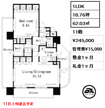 1LDK 62.03㎡ 11階 賃料¥245,000 管理費¥15,000 敷金1ヶ月 礼金1ヶ月 11月上旬退去予定