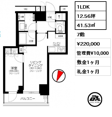 1LDK 41.53㎡ 7階 賃料¥220,000 管理費¥10,000 敷金1ヶ月 礼金1ヶ月