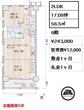 2LDK 56.5㎡ 6階 賃料¥243,000 管理費¥12,000 敷金1ヶ月 礼金1ヶ月 定期借家5年
