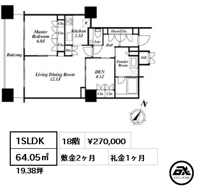 1SLDK 64.05㎡ 18階 賃料¥270,000 敷金2ヶ月 礼金1ヶ月