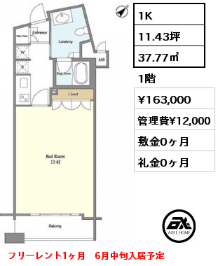 1K 37.77㎡ 1階 賃料¥163,000 管理費¥12,000 敷金0ヶ月 礼金0ヶ月 フリーレント1ヶ月