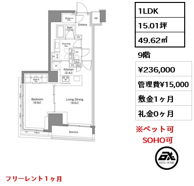 1LDK 49.62㎡ 9階 賃料¥236,000 管理費¥15,000 敷金1ヶ月 礼金0ヶ月 フリーレント１ヶ月