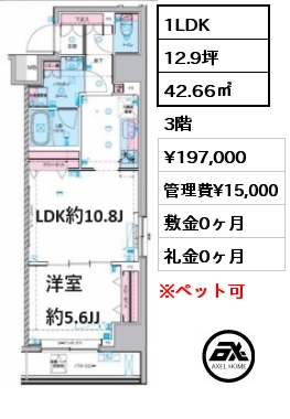 1LDK 42.66㎡ 3階 賃料¥197,000 管理費¥15,000 敷金0ヶ月 礼金0ヶ月