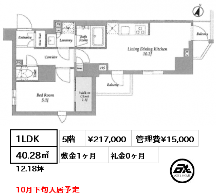 1LDK 40.28㎡ 5階 賃料¥217,000 管理費¥15,000 敷金1ヶ月 礼金0ヶ月 10月下旬入居予定