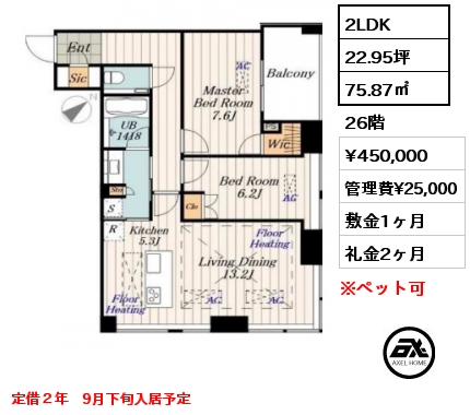 2LDK 75.87㎡ 26階 賃料¥450,000 管理費¥25,000 敷金1ヶ月 礼金2ヶ月 定借２年　9月下旬入居予定