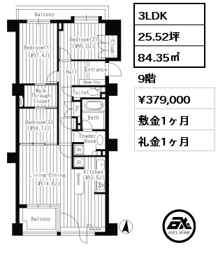 3LDK 84.35㎡ 9階 賃料¥379,000 敷金1ヶ月 礼金1ヶ月