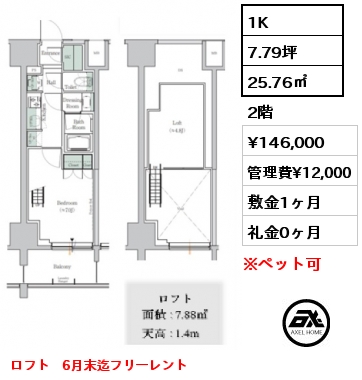 1K 25.76㎡ 2階 賃料¥146,000 管理費¥12,000 敷金1ヶ月 礼金0ヶ月 ロフト　6月末迄フリーレント