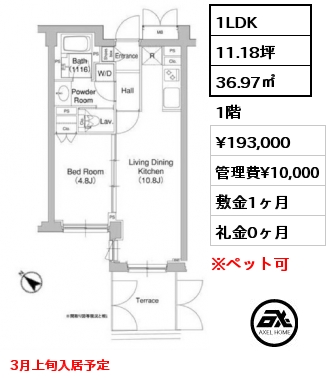 1LDK 36.97㎡ 1階 賃料¥193,000 管理費¥10,000 敷金1ヶ月 礼金0ヶ月 3月上旬入居予定