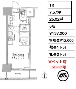 1R 25.02㎡ 5階 賃料¥139,000 管理費¥12,000 敷金1ヶ月 礼金1ヶ月 7月21日退去予定　