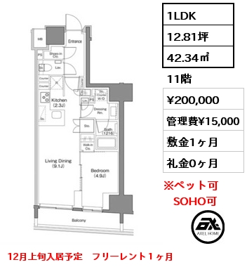 1LDK 42.34㎡ 11階 賃料¥200,000 管理費¥15,000 敷金1ヶ月 礼金0ヶ月 12月上旬入居予定　フリーレント１ヶ月