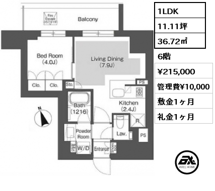 間取り4 1LDK 36.72㎡ 6階 賃料¥215,000 管理費¥10,000 敷金1ヶ月 礼金1ヶ月 7月下旬入居予定