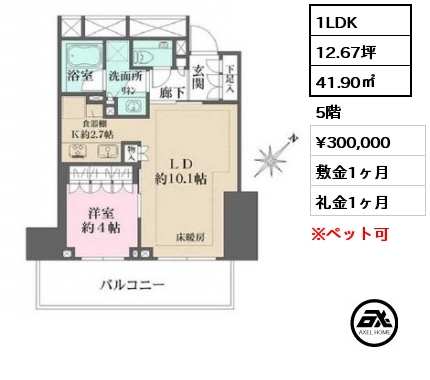 1LDK 41.90㎡ 5階 賃料¥300,000 敷金1ヶ月 礼金1ヶ月