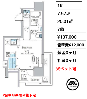 間取り4 1K 25.01㎡  賃料¥137,000 管理費¥12,000 敷金0ヶ月 礼金0ヶ月 2月中旬案内可能予定