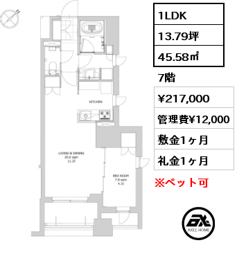 1LDK 45.58㎡ 7階 賃料¥217,000 管理費¥12,000 敷金1ヶ月 礼金1ヶ月