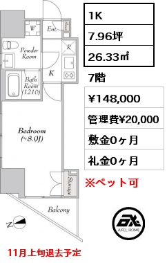 間取り4 1K 26.33㎡ 7階 賃料¥148,000 管理費¥20,000 敷金0ヶ月 礼金0ヶ月 11月上旬退去予定