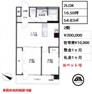 2LDK 54.83㎡ 2階 賃料¥200,000 管理費¥10,000 敷金1ヶ月 礼金1ヶ月 事務所利用相談可能