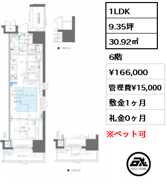 1LDK 30.92㎡ 6階 賃料¥166,000 管理費¥15,000 敷金1ヶ月 礼金0ヶ月