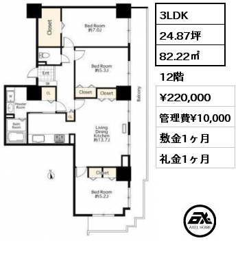 間取り4 3LDK 82.22㎡ 12階 賃料¥220,000 管理費¥10,000 敷金1ヶ月 礼金1ヶ月