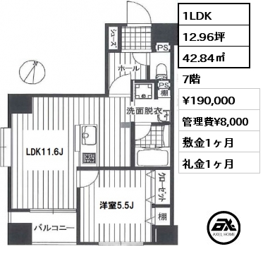 間取り4 1LDK 42.84㎡ 7階 賃料¥190,000 管理費¥8,000 敷金1ヶ月 礼金1ヶ月