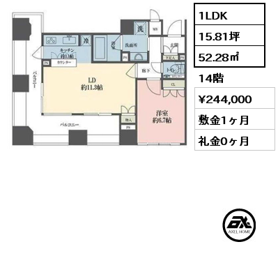 L 1LDK 52.28㎡ 14階 賃料¥244,000 敷金1ヶ月 礼金0ヶ月 　　　