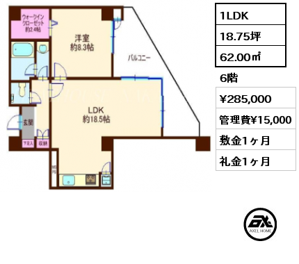 間取り4 1LDK 62.00㎡ 6階 賃料¥285,000 管理費¥15,000 敷金1ヶ月 礼金1ヶ月