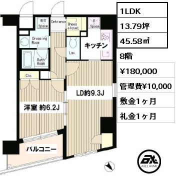 間取り4 1LDK 45.58㎡ 8階 賃料¥180,000 管理費¥10,000 敷金1ヶ月 礼金1ヶ月 　