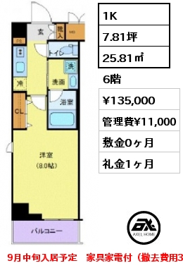 1K 25.81㎡ 6階 賃料¥135,000 管理費¥11,000 敷金0ヶ月 礼金1ヶ月 9月中旬入居予定　家具家電付（撤去費用38,500円）