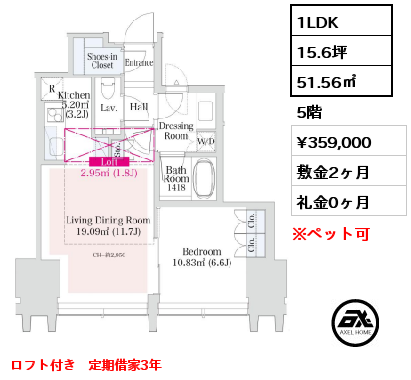 1LDK 51.56㎡ 5階 賃料¥359,000 敷金2ヶ月 礼金0ヶ月 ロフト付き　定期借家3年　