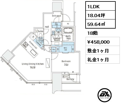 1LDK 59.64㎡ 18階 賃料¥458,000 敷金1ヶ月 礼金1ヶ月