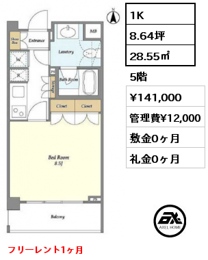 1K 28.55㎡ 5階 賃料¥141,000 管理費¥12,000 敷金0ヶ月 礼金0ヶ月 フリーレント1ヶ月