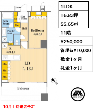 1LDK 55.65㎡ 11階 賃料¥250,000 管理費¥10,000 敷金1ヶ月 礼金1ヶ月 10月上旬退去予定