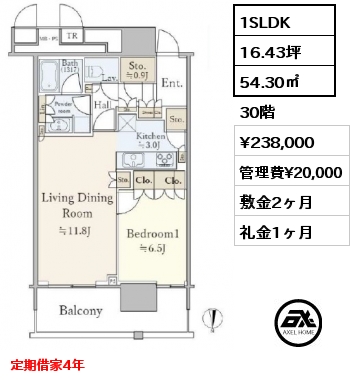 1SLDK 54.30㎡ 30階 賃料¥238,000 管理費¥20,000 敷金2ヶ月 礼金1ヶ月 定期借家4年