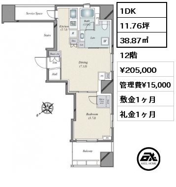 1DK 38.87㎡ 12階 賃料¥205,000 管理費¥15,000 敷金1ヶ月 礼金1ヶ月