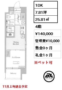 1DK 25.81㎡ 4階 賃料¥140,000 管理費¥10,000 敷金0ヶ月 礼金1ヶ月 11月上旬退去予定