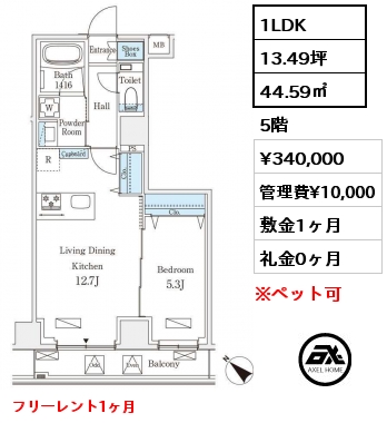 1LDK 44.59㎡ 5階 賃料¥340,000 管理費¥10,000 敷金1ヶ月 礼金0ヶ月 フリーレント1ヶ月