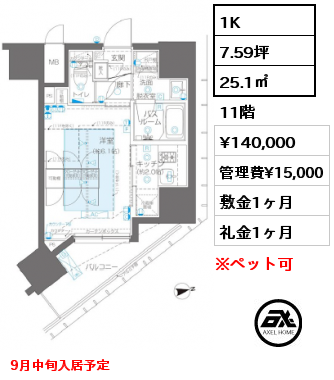 1K 25.1㎡ 11階 賃料¥140,000 管理費¥15,000 敷金1ヶ月 礼金1ヶ月