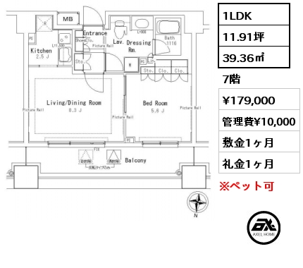 1LDK 39.36㎡ 7階 賃料¥179,000 管理費¥10,000 敷金1ヶ月 礼金1ヶ月