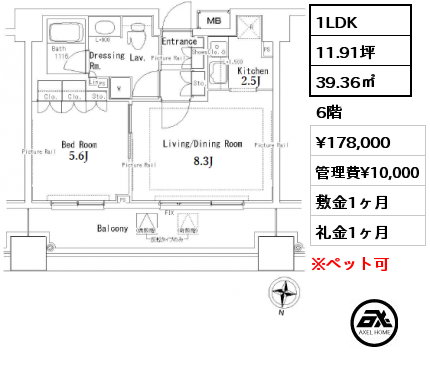 1LDK 39.36㎡ 6階 賃料¥178,000 管理費¥10,000 敷金1ヶ月 礼金1ヶ月