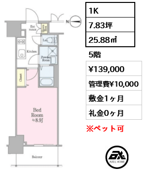 1K 25.88㎡  賃料¥139,000 管理費¥10,000 敷金1ヶ月 礼金0ヶ月