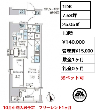 1DK 25.05㎡ 13階 賃料¥140,000 管理費¥15,000 敷金1ヶ月 礼金0ヶ月 10月中旬入居予定　フリーレント1ヶ月