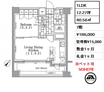 1LDK 40.56㎡ 7階 賃料¥186,000 管理費¥15,000 敷金1ヶ月 礼金1ヶ月